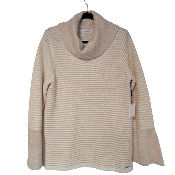Calvin Klein Ivory Gold Sweater Cowl Neck Metallic Christmas Medium - Picture 5 of 7